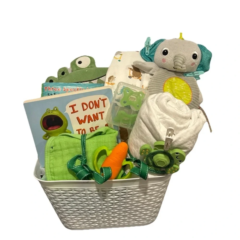 Unisex Baby Shower Gift, Frog Infant Present, Outfit, Book, Toys, Blanket & More
